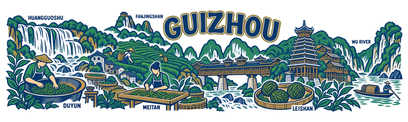 Guizhou — Tower, waterfall and tea tray
