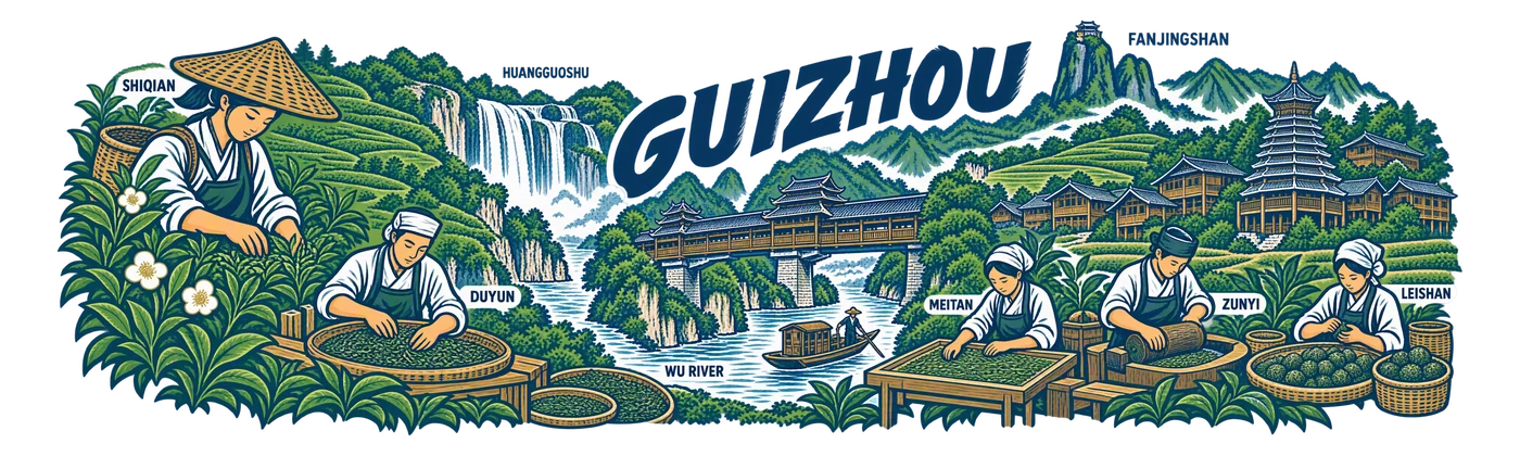 Guizhou — Boat between tea slopes